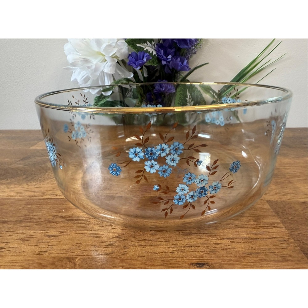 Vintage‎ Clear Glass Serving Bowl Blue Floral Design Gold Rim Retro Kitchenware